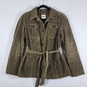 Vtg Lee Women Corduroy Belted Utility Jacket Sz M Khaki Green Lined Outerwear